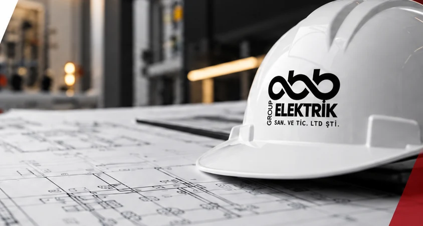 ABB Elektrik kurumsal kimliğiyle tasarlanmış baret ve mühendislik çizimleri, temsili görsel